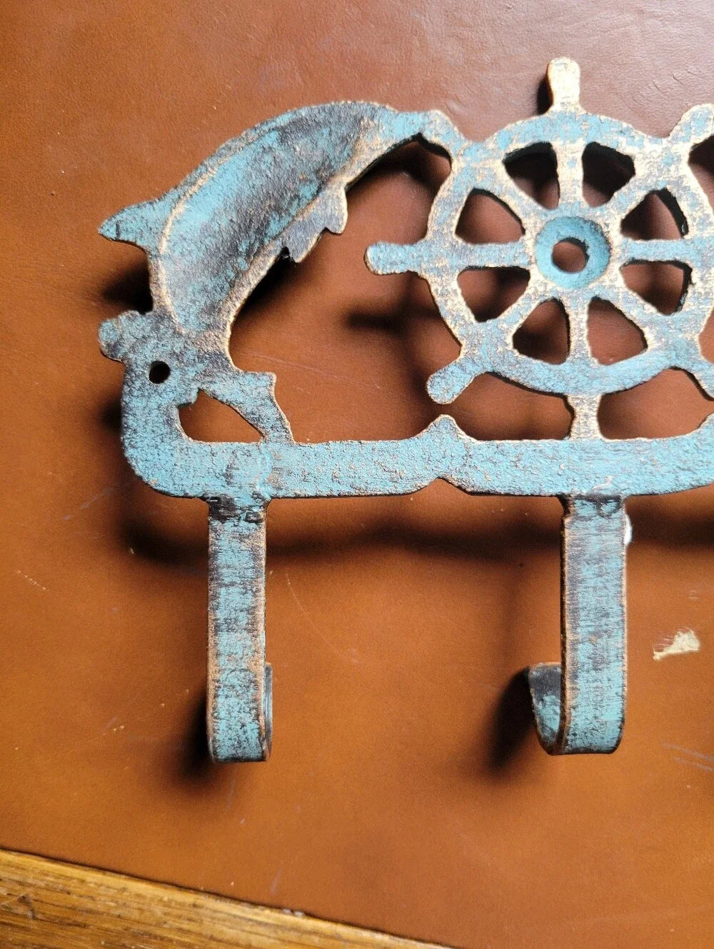 Cast Iron Nautical Dolphin and Ship's Wheel Key Hook Rack
